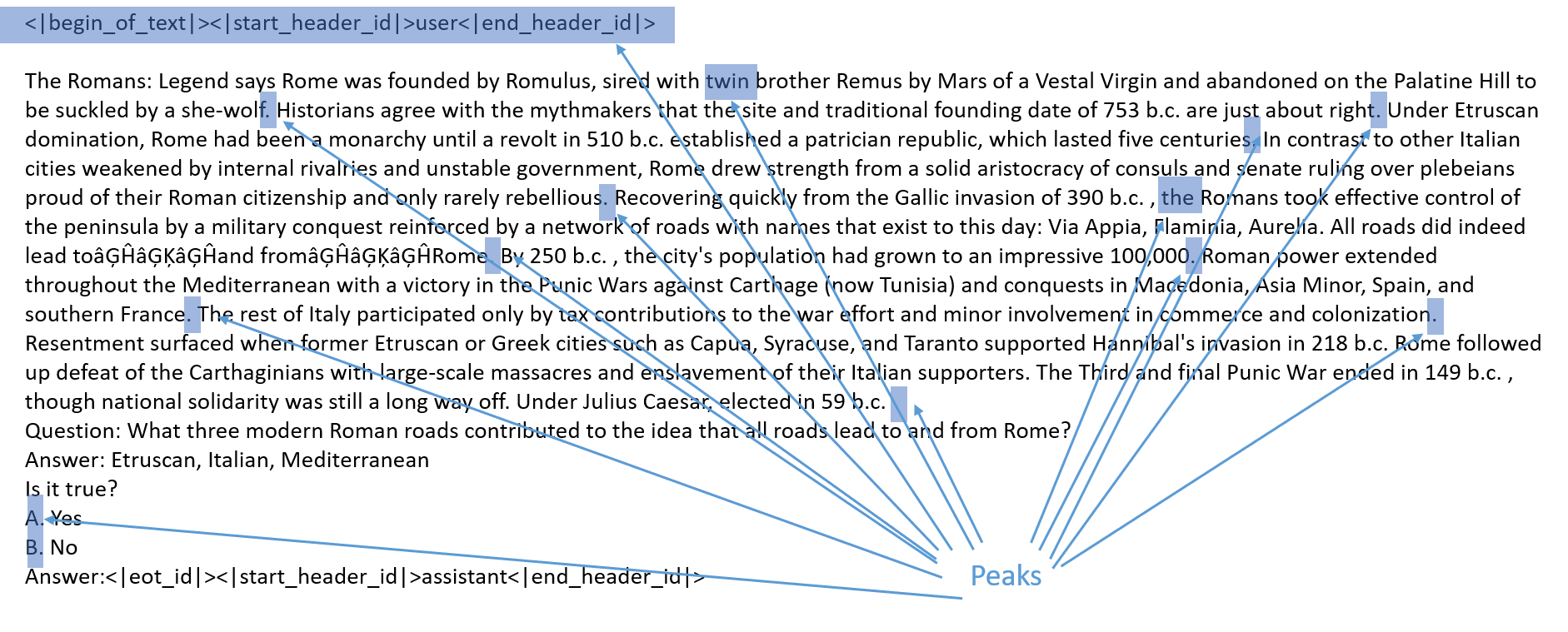 Text-to-peak correspondence in a SuperGLUE sample, illustrating the role of structural and semantic shifts in triggering the start of attention-based semantic chunks.