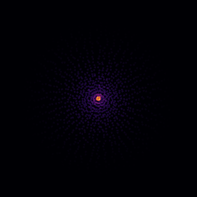 Particles: every mesh node splatted as a disk, colored by temperature — the hot core glows while the concentric discretization rings stay visible.
