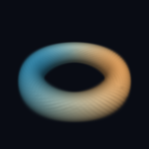 A blue-and-gold Gaussian torus with elliptical footprints aligned to its tangent.