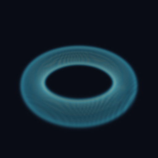 The same torus rendered as a voxel density field, with brighter colors indicating denser regions.
