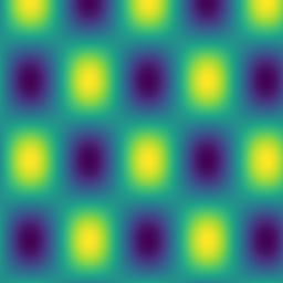 Direct output of the program below: the 256×256 sinusoidal field rendered by the compiled colormap kernel — bright yellow where sin·cos approaches 1, dark purple where it approaches −1.