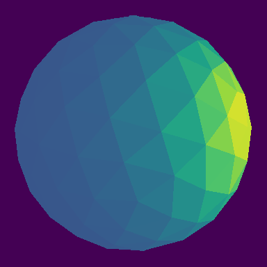 Shaded mesh: the icosphere filled triangle by triangle, the diffused bump bright on the right limb — the far side is fully occluded by the painter's algorithm.