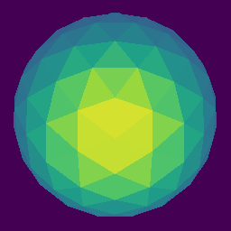 Animation: a twelve-frame azimuth orbit around the mesh — the bright bump swings to the far side and disappears behind the occluding near hemisphere.